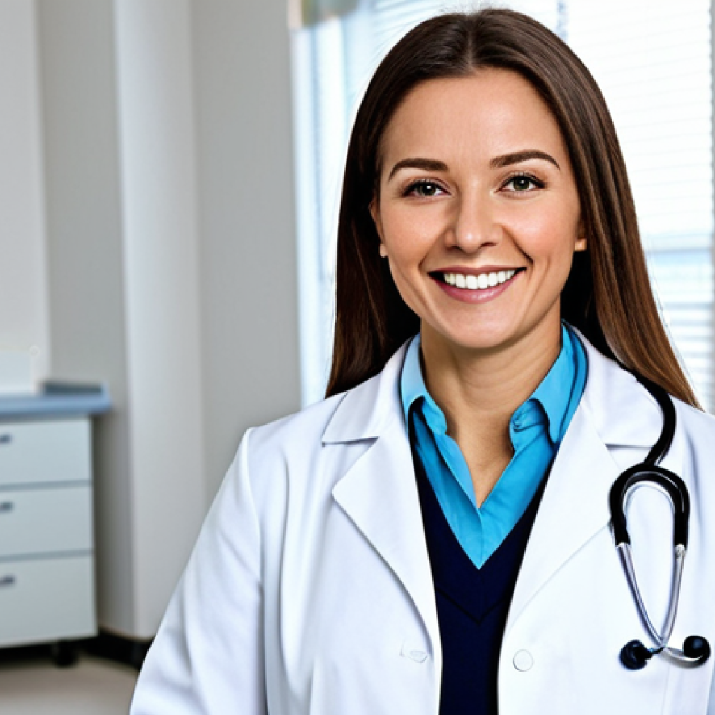 **
"A professional female doctor in a fully clothed, modest white coat, stethoscope around her neck, smiling warmly in a bright and clean hospital office, appropriate attire, safe for work, perfect anatomy, correct proportions, natural pose, well-formed hands, proper finger count, natural body proportions, professional photograph, high quality, family-friendly."
**