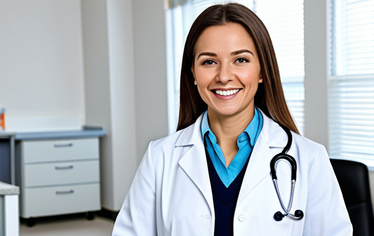 **
"A professional female doctor in a fully clothed, modest white coat, stethoscope around her neck, smiling warmly in a bright and clean hospital office, appropriate attire, safe for work, perfect anatomy, correct proportions, natural pose, well-formed hands, proper finger count, natural body proportions, professional photograph, high quality, family-friendly."
**