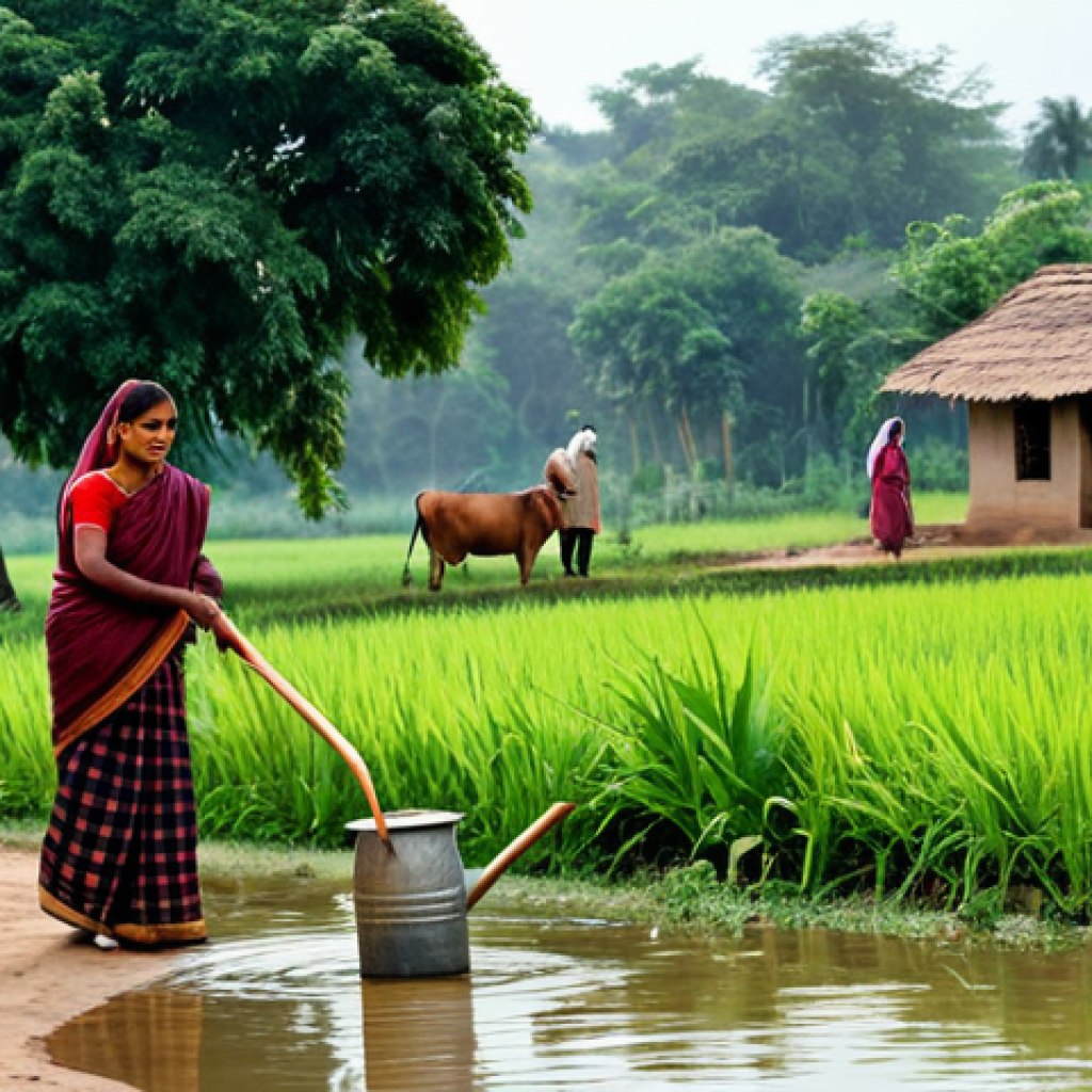 A Rural Scene Depicting Caste in India**
"A serene yet thought-provoking depiction of rural Indian village life, showcasing individuals from diverse backgrounds engaged in their daily activities. A woman in a fully clothed, modest sari draws water from a well, while a man in traditional attire works in a field. In the background, children in simple clothes walk towards a school. The scene emphasizes the subtle social dynamics, while promoting respect and understanding. Fully clothed, appropriate attire, safe for work, perfect anatomy, natural proportions, professional photography, family-friendly, rural setting, daytime."
**