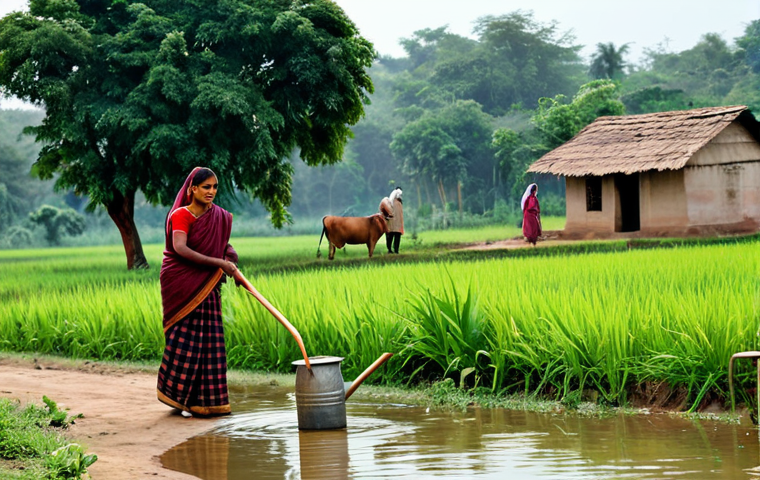 A Rural Scene Depicting Caste in India**
"A serene yet thought-provoking depiction of rural Indian village life, showcasing individuals from diverse backgrounds engaged in their daily activities. A woman in a fully clothed, modest sari draws water from a well, while a man in traditional attire works in a field. In the background, children in simple clothes walk towards a school. The scene emphasizes the subtle social dynamics, while promoting respect and understanding. Fully clothed, appropriate attire, safe for work, perfect anatomy, natural proportions, professional photography, family-friendly, rural setting, daytime."
**