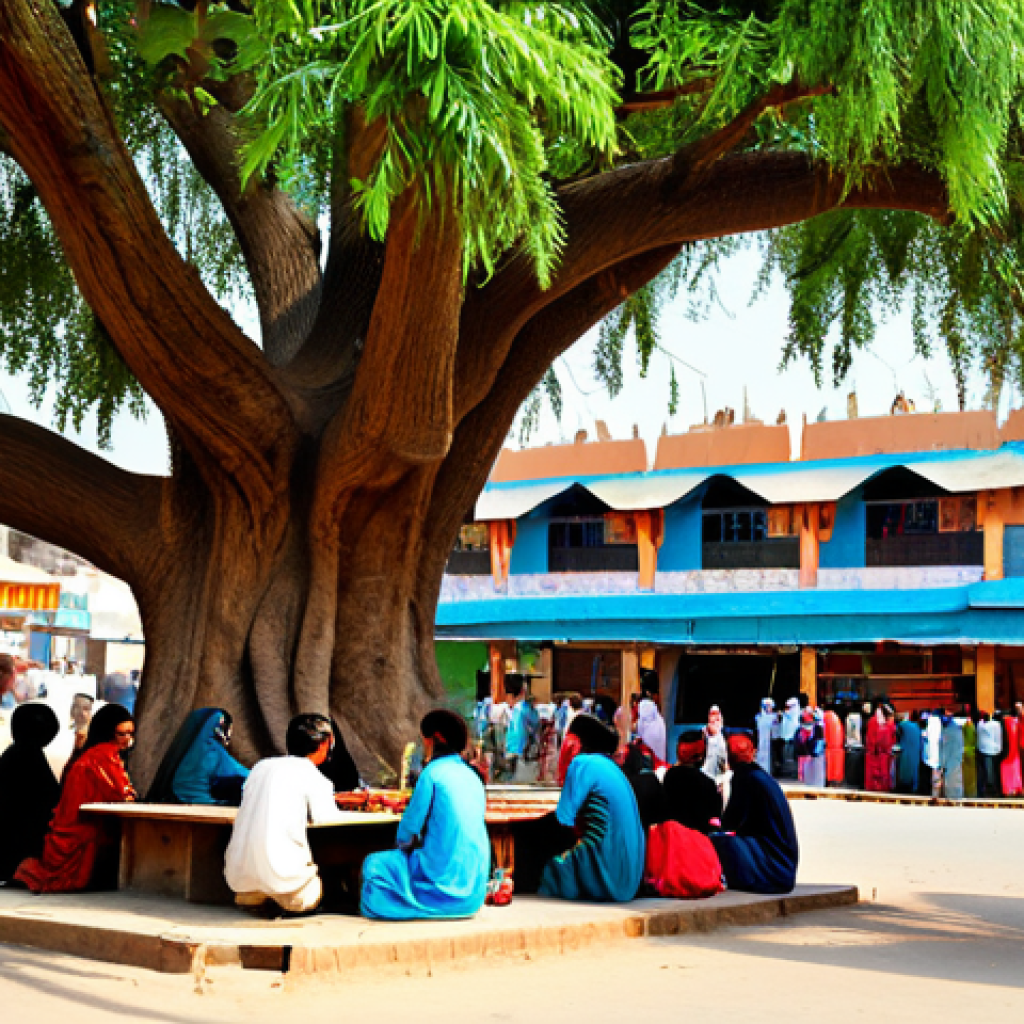 **
A vibrant and colorful street scene in Karachi, Pakistan. A female teacher in a fully clothed, modest shalwar kameez is teaching children under a banyan tree. The background features traditional Pakistani architecture and bustling market stalls. Focus on capturing the joy of learning and the rich cultural atmosphere. Safe for work, appropriate content, fully clothed, professional photography, perfect anatomy, natural proportions, family-friendly.
**