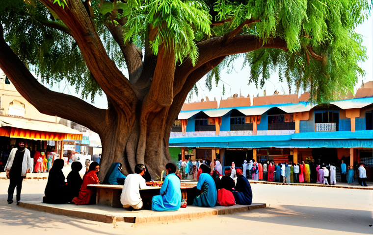 **
A vibrant and colorful street scene in Karachi, Pakistan. A female teacher in a fully clothed, modest shalwar kameez is teaching children under a banyan tree. The background features traditional Pakistani architecture and bustling market stalls. Focus on capturing the joy of learning and the rich cultural atmosphere. Safe for work, appropriate content, fully clothed, professional photography, perfect anatomy, natural proportions, family-friendly.
**