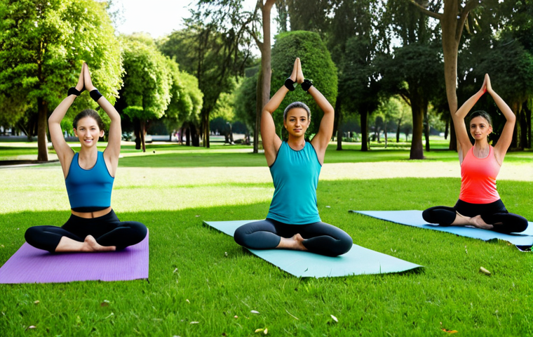 힌두교와 현대 의료 - Yoga and Modern Fitness**
"A diverse group of people practicing yoga outdoors in a lush, green park...