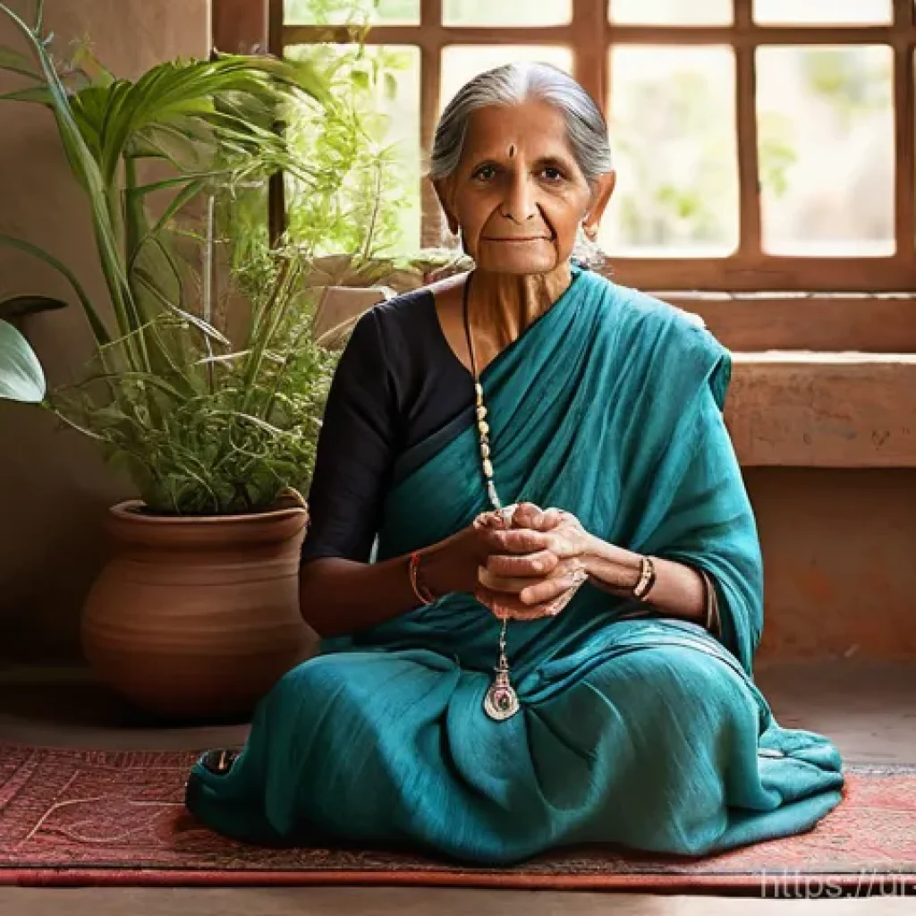 힌두교와 음악 치료 - Prompt: Ancestral Wisdom and Inner Harmony**
A serene, painterly illustration of a wise elderly Sout...