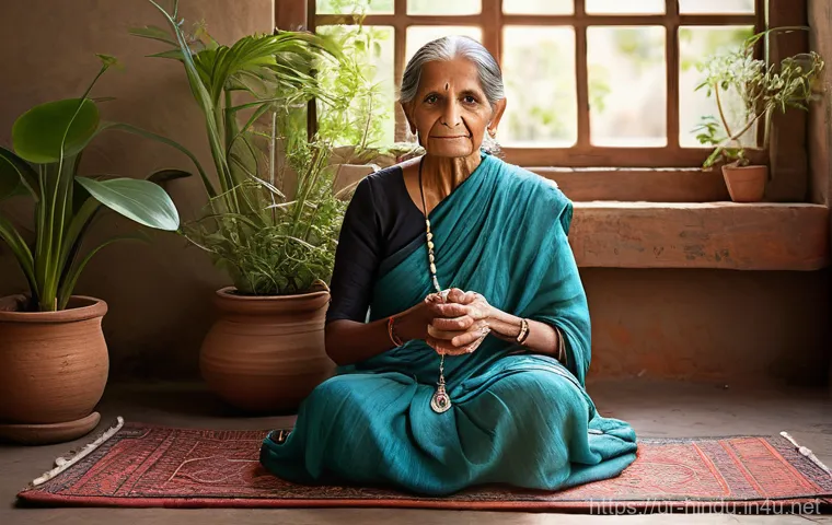 힌두교와 음악 치료 - Prompt: Ancestral Wisdom and Inner Harmony**
A serene, painterly illustration of a wise elderly Sout...