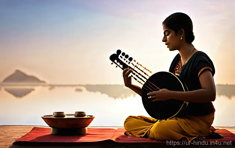 힌두교와 음악 치료 - Prompt: Ancestral Wisdom and Inner Harmony**
A serene, painterly illustration of a wise elderly Sout...