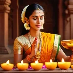 Home 18 힌두교 종파 바이슈나바 - **Prompt:** A serene, ethereal depiction of a female devotee in traditional Indian attire, peacefull...