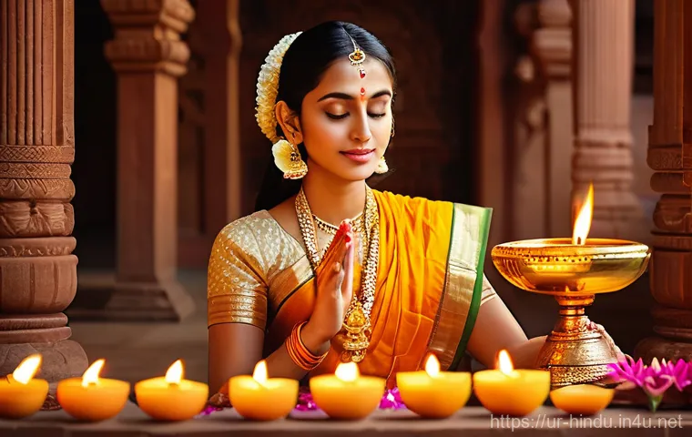 힌두교 종파 바이슈나바 - **Prompt:** A serene, ethereal depiction of a female devotee in traditional Indian attire, peacefull...