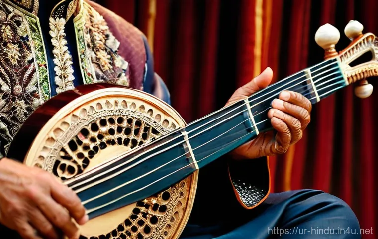 힌두교 전통 악기 - **A Sitar Maestro's Serene Moment:**
A highly detailed, cinematic close-up of an ancient, intric...