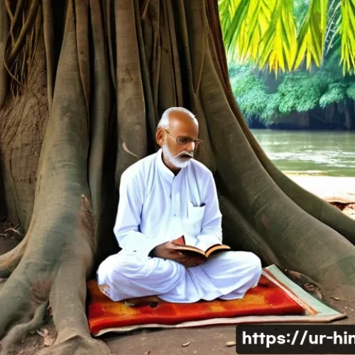 Home 27 힌두교와 교육 - **Ancient Gurukul Learning in a Serene Forest:**
"A wise, elderly guru with a long white beard, ...