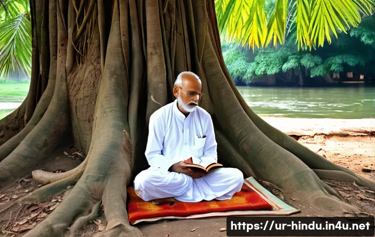 힌두교와 교육 - **Ancient Gurukul Learning in a Serene Forest:**
"A wise, elderly guru with a long white beard, ...